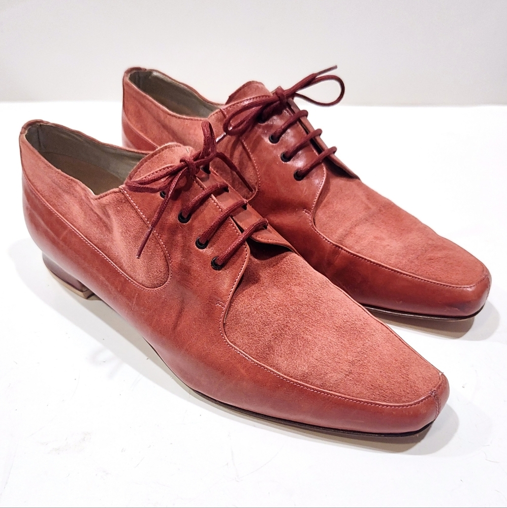 Vintage Bassotto Italy Women EU 41 US 9½-10 Terracotta Red Suede Apron Toe Derby